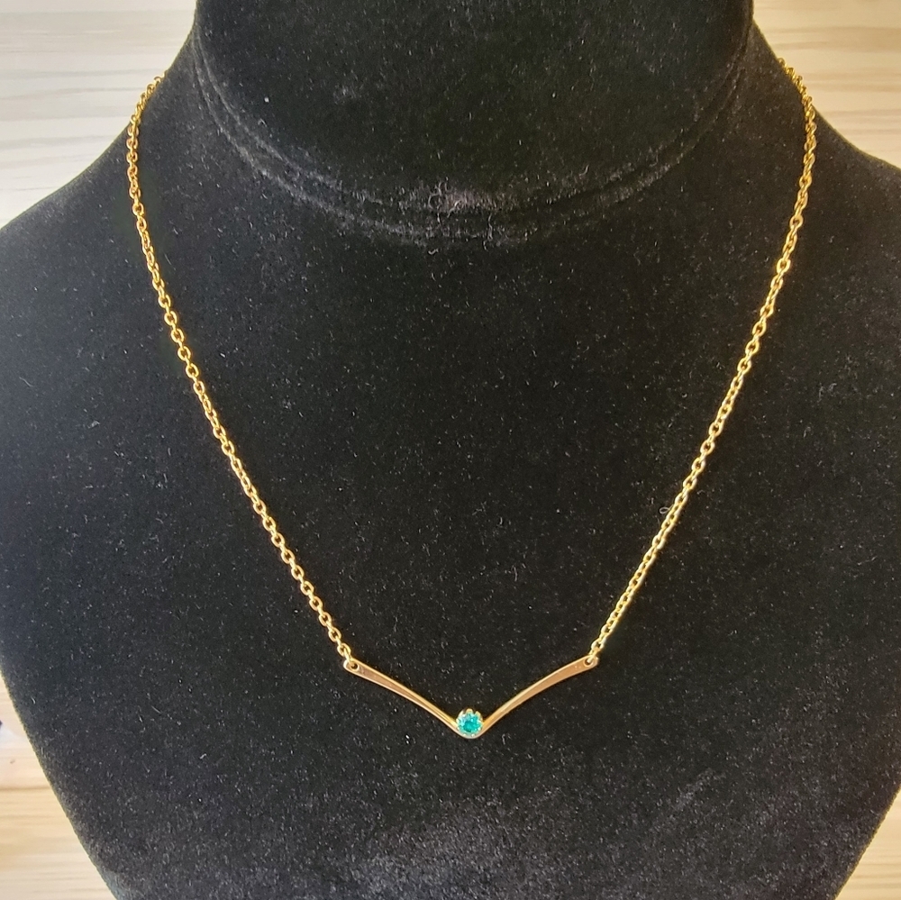 Vintage Gold Tone Blue December Birthstone V Bar Necklace 16”